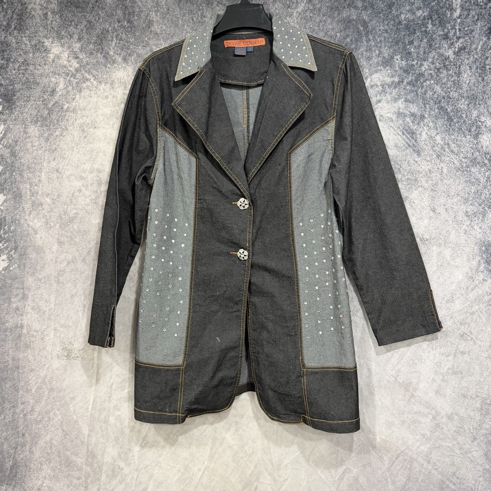 Devine Denim NY Women's Size 12 Long Denim Blazer Rhinestone Studded Black Gray